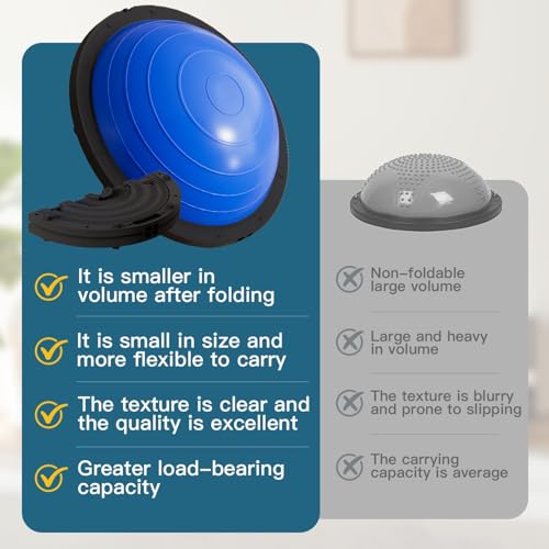 Vtory Foldable Balance Ball, Upgrate Half Ball Balance Trainer, 1300 lbs Capacity Stability Ball, 23.5 Inch Yoga Half Ball, with Resistance Band & Foot Pump, No-slip Blue Pink
