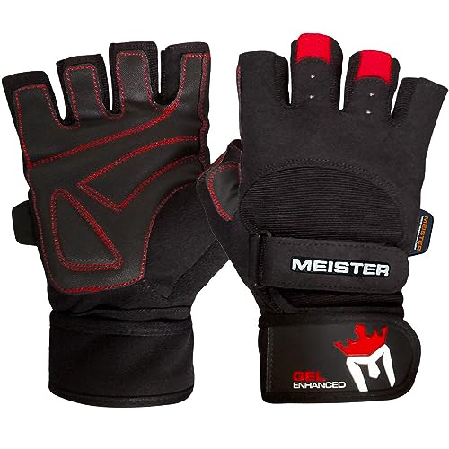 Meister Wrist Wrap Weight Lifting Gloves w/Gel Padding - color: Black / Red, size: Large