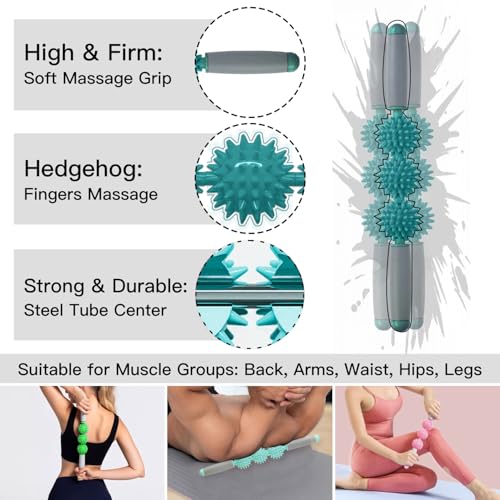 Fascia Muscle Roller, Cellulite Massager Fascia Roller for Cellulite and Sore Muscles, Leg, Back, Pressure Trigger Point Body Roller Deep Tissue Massage Stick Tools, 3 Massage Balls, Dark Green - color: Deep Green
