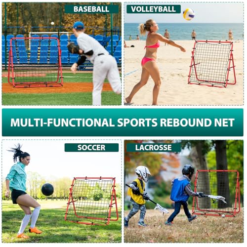 LIANTRAL Baseball Rebounder Net, Adjustable Bounce Back Trainer for Soccer, Volleyball, Softball, Portable Folding Rebounder for Passing & Shooting Practice, Volleyball Rebound Net for Kids, Red