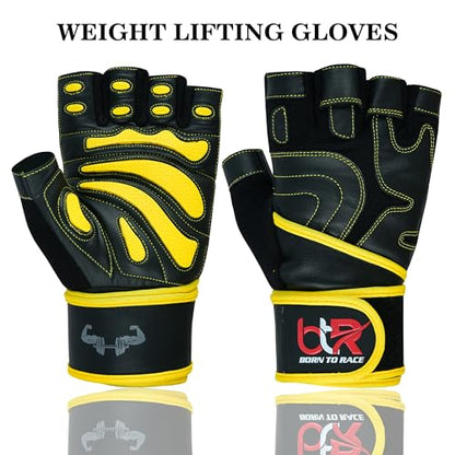 Premium Cowhide Leather Weight Lifting Gloves - Fingerless, Padded, Long Wrist Support, Gym Workout, Powerlifting, Bodybuilding, Fitness, Unisex Design for Men & Women