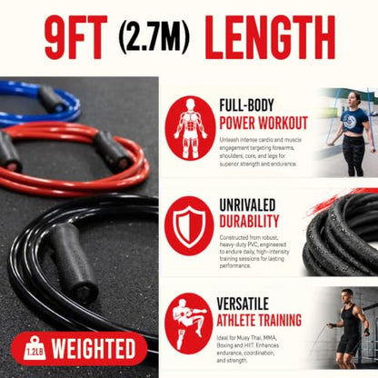 Elite Jumps Muay Thai 2.0 Weighted Jump Rope - Designed for High-Intensity Training, Muay Thai, & MMA Workouts - Heavy 1.3lb PVC Jump Ropes for Fitness - color: Crimson Red - 9FT