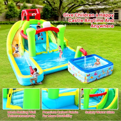WELLFUNTIME Inflatable Water Double Slides Park with Blower, Bouncy Castle with Rock Climbing, Jumping Area for Basketball