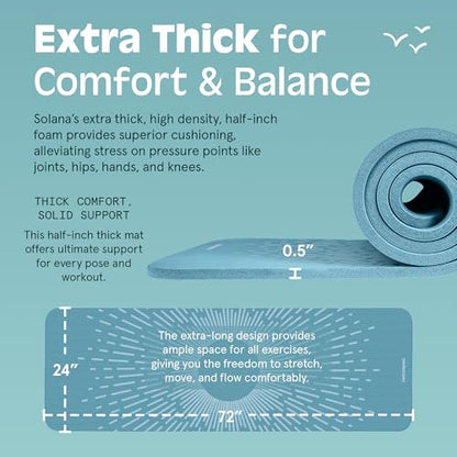 Retrospec Solana Yoga Mat Thick 1/2in Non-Slip Workout Mat with Nylon Strap - 72x24in Exercise Mat for Pilates, Stretching & Fitness - BPA Free, Easy Clean