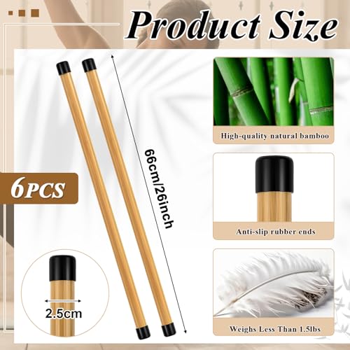 Hiboom 6 Pcs 26 Inch Yoga Stick Natural Bamboo Exercise Stick with Non-Slip Rubber Ends Stretching Tool Posture Corrector Stretch Tool for Flexibility, Workout, Balance Fitness