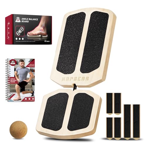 HAPBEAR Axis Board Ankle Balance Board Single Leg Balance Board - Ankle Strengthener, Blackboard Foot Trainer for Conditioning & Stability - 80 Configurations w/ Training Guide & Cork Ball - Gifts for Home Gym & Office, Natural Wood