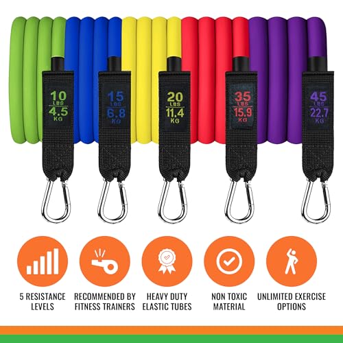SmarterLife Resistance Bands with Handles, Physical Therapy Strap, Exercise Band to Tone Arms, Legs, Chest, Booty - 5 Exercise Bands with Handles, Ankle Straps, No-Slip Door Anchor, Storage Bag