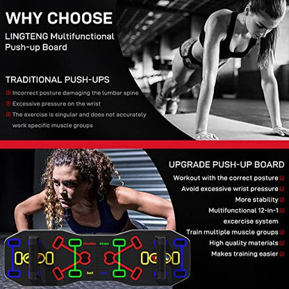 LINGTENG Push Up Board, New Upgraded 12 in 1 Push Up Bar with Pushup Handles, Portable Multi-Function Foldable Home Gym, Pushup System for Chest, Triceps, Back, Abs Workout, Strength Training Equipment for Men & Women