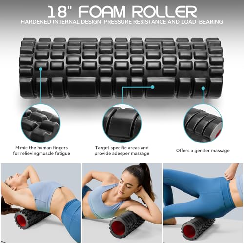 Krightlink 5-in-1 18" Foam Roller Set for Deep Muscle Massage Release - color: Black-18"(5 in 1)