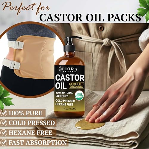 Organic Castor Oil in Glass Bottle – 16 Oz Cold Pressed & Hexane-Free – USDA Certified – Skin Moisturizer, Hair Growth Oil For Lashes, Brows, Skin & Scalp – with Pump - size: 16 Fl Oz (Pack of 1)