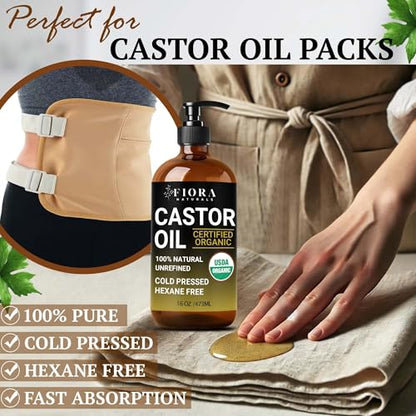 Organic Castor Oil in Glass Bottle – 16 Oz Cold Pressed & Hexane-Free – USDA Certified – Skin Moisturizer, Hair Growth Oil For Lashes, Brows, Skin & Scalp – with Pump - size: 16 Fl Oz (Pack of 1)