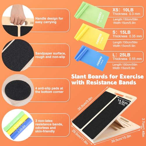 Slant Board for Calf Stretching, Adjustable Wooden Calf Stretcher Incline Board with 3 Pcs Resistance Bands Calf Stretch Board for Squats Leg Knees Heel Ankle Stretching