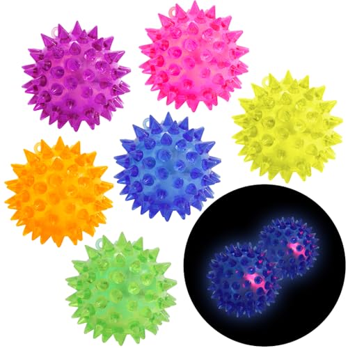 6 Pack Glow in The Dark Stress Relief Squishy Sensory Spiky Balls Toys, Kids Rubber Squeeze Colorful LED Flashing Fidget Ball for Party Favors, Pets or Massage - style: 6 Pack