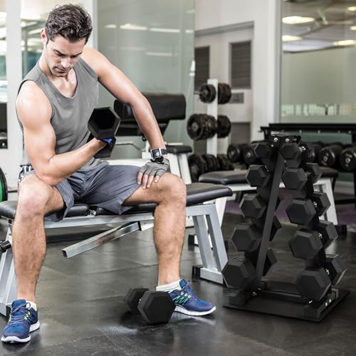 150 lb Dumbbell Set with Rack – 5/10/15/20/25 lb Pairs, Rubber Hex Weights for Home Gym, Cast Iron A-Frame Storage Stand for Full-Body Workout