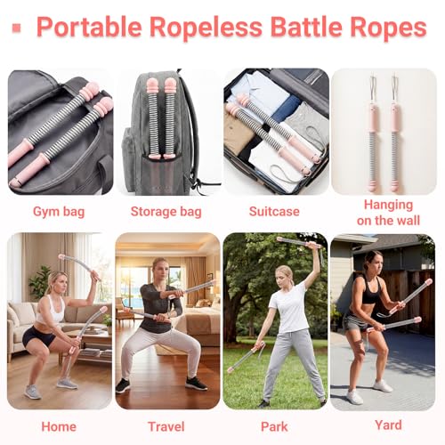 Adjustable Ropeless Battle Ropes for Home Gym-Cordless Training Rope Fitness Equipment for Men & Women,Portable Arm Exerciser Rope for Strength Building, HIIT and Low-Impact Aerobic Training (Pink)