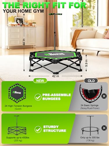 Mini Trampoline for Adults, 42" Foldable Fitness Rebounder with Adjustable T-Bar, 450lb Capacity, Non-Slip Pad for Home Gym Workout