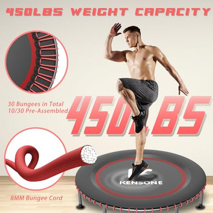 40/48" Low-Impact Rebounder Trampoline for Adults with Bungee, 450/550LBS Quiet Mini Exercise Trampoline with Adjustable U/T-Shaped Foam Handle Bar, Fitness Equipment for Indoor/Gym Workout - size: 40 inch, style: T-Bar