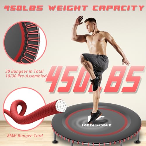 40/48" Low-Impact Rebounder Trampoline for Adults with Bungee, 450/550LBS Quiet Mini Exercise Trampoline with Adjustable U/T-Shaped Foam Handle Bar, Fitness Equipment for Indoor/Gym Workout