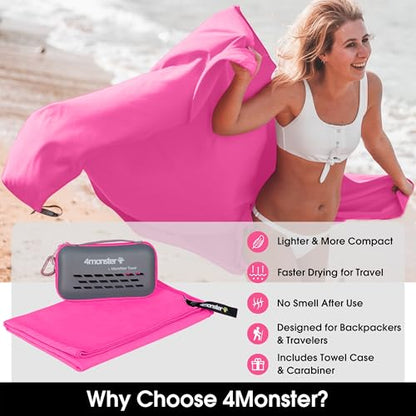 4Monster Quick Dry Travel Towel with Case & Carabiner – Super Absorbent Microfiber Gym & Camping Towel. Compact, Lightweight, Fast Drying for Beach, Swimming, Hiking, Backpacking