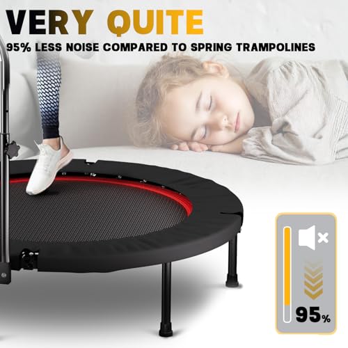 40'' Fitness Trampoline with 4 Levels Height Adjustable Foam Handle, Foldable Mini Rebounder for Adults Home Indoor Workout, 6-Leg Exercise Trampoline, Max Load 330lbs - color: Black with Handle