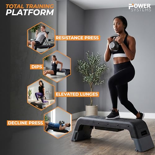 Power Systems Step Bench & Weight Bench | Aerobic Platform & Plyo Box for Cardio, Strength | Commercial Grade Full Body Home Gym Stepper | Adjustable Multifunctional Deck & Resistance Band Clips