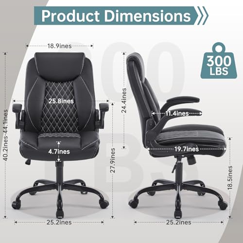 YFO Leather Office Ergonomic Home Office Desk Chair, Back Support Swivel Executive Office Chair with Wheels and Flip-Up Armrests, Small Gaming Chair with Adjustable Rocking Function, Black