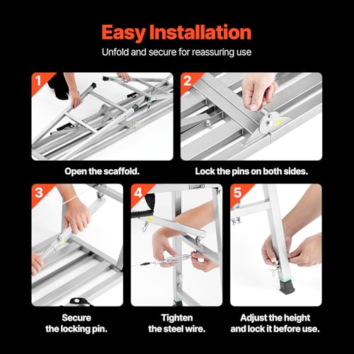 VEVOR Work Platform, 63"x 15" Portable Scaffolding Platform, Folding Steel Step Ladder Adjustable Height 31.5”-50.1”, 800 lbs Load Capacity, Non-Slip Drywall Painting Stool for Cleaning &Washing - size: 63"x 15"