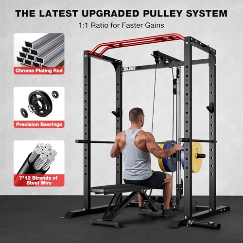 S11 Power Cage, 2000LB Multi-Function Power Rack with LAT Pulldown, Squat Rack with Adjustable Pulley System and Training Attachments, Weight Rack for Home Gym - style: S11 Power Cage