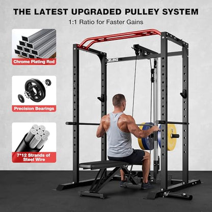 S11 Power Cage, 2000LB Multi-Function Power Rack with LAT Pulldown, Squat Rack with Adjustable Pulley System and Training Attachments, Weight Rack for Home Gym - style: S11 Power Cage