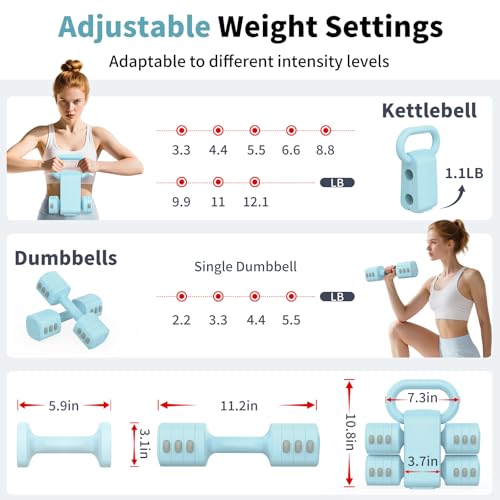 Hezeyferg 2-in-1 Adjustable Dumbbells Set, 4 Levels Weight Dumbbells Set for Women Men, Each 2.2/3.3/4.4/5.5lb Hand Weights with Kettlebell Form for Home Gym Exercise Training - color: Blue