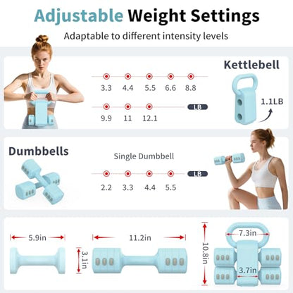 Hezeyferg 2-in-1 Adjustable Dumbbells Set, 4 Levels Weight Dumbbells Set for Women Men, Each 2.2/3.3/4.4/5.5lb Hand Weights with Kettlebell Form for Home Gym Exercise Training - color: Blue