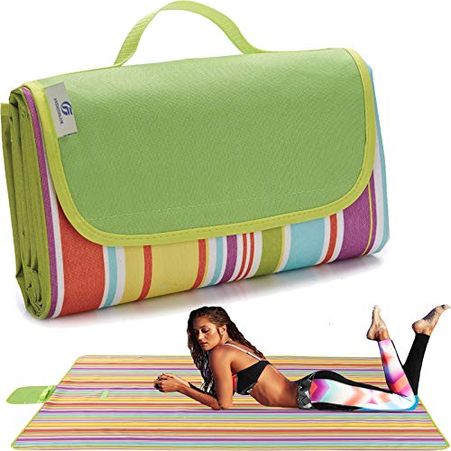 Beach Blanket Extra Large Picnic Blanket Outdoor Blanket Waterproof Sand Free Oversized Camping Mat Foldable Portable Handy Tote for Travel Sports Home Yoga Park Grass Lawn, 79"x57" - color: Colorful Line