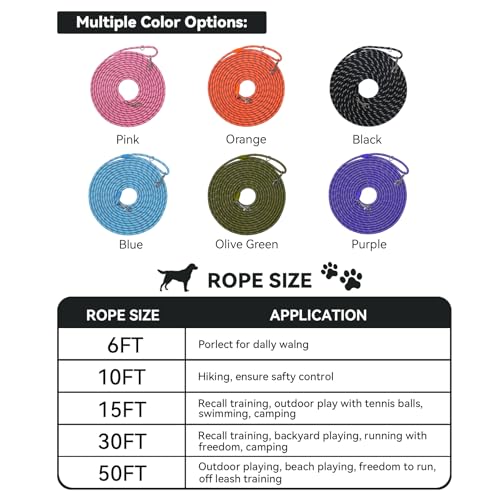 Long Dog Training Leash，Heavy Duty Reflective Rope Lead for Small Medium Large Dogs ，6FT 10FT 15FT 30FT 50FT for Training, Walking, Backyard, Camping
