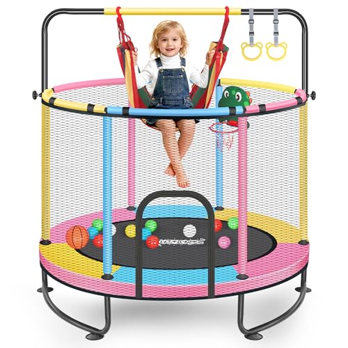Mini Trampoline for Kids & Toddlers, Ages2-10 | Indoor & Outdoor, with Safety Enclosure Net, Basketball Hoop & Ocean Balls, Birthday Gift for Boy,Girl - color: Blue+Yellow+Pink+Black