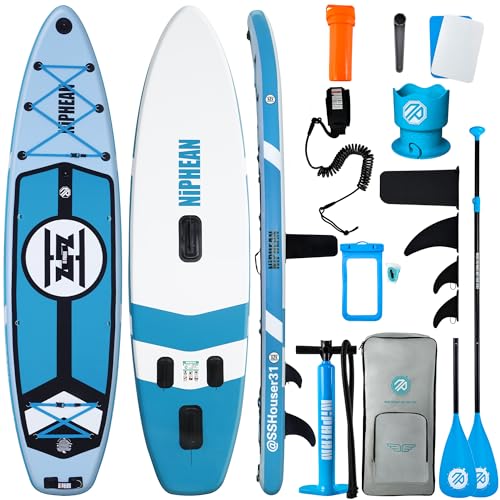 Niphean (Extra Large) Inflatable Paddle Board, SUP for 2+1 People/Family 500lbs Capacity Stand Up Paddle Board with SUP Accessories, StabilTrac Fin Non-Slip Paddleboard for Adults - color: Sky Blue