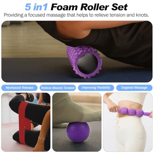 JOYENERGY 5 in 1 Foam Roller Set Trigger Point Foam Roller, Massage Roller Stick, Massage Ball, Stretching Strap for Deep Muscle Massage Pilates Yoga, Fitness Exercise for Whole Body (Purple Diamond)