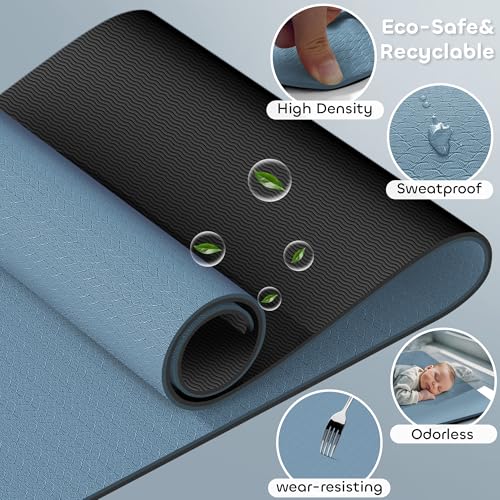 Non-slip TPE Yoga Mat for Women & Men,72"x24" Double-Sided Workout Mat for Home Gym Pilates Fitness,1/4 Inch Packable Lightweight Exercise Mat with Strap for Travel,Non Toxic Exercise Floor Mat