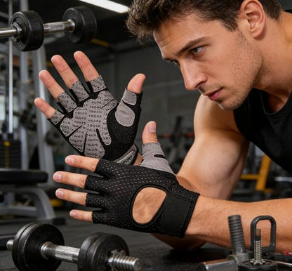 Men & Women Workout Gloves Breathable Fitness Gloves Weight Lifting Gym - color: Black with PU