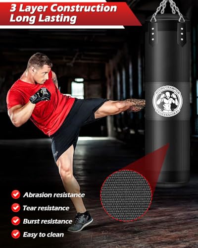 Punching Bag for Adults, 4FT PU Heavy Boxing Bags with Chain Ceiling Hook, Hanging Boxing Bag for Kickboxing Muay Thai Karate Judo Taekwondo Home Gym Training, Unfilled - style: Strong man
