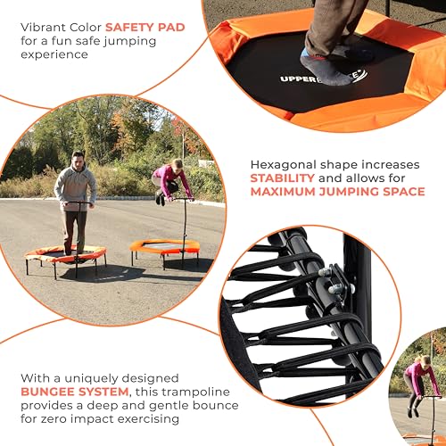 Upper bounce Mini Workout Trampoline Adjustable tshaped handrail – Hexagonal rebounder Kids & Adults – Fitness Trampoline Equipment Supports up 220lbs. (Orange, 50 Inches)