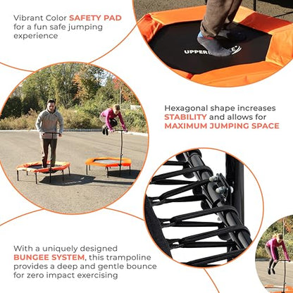 Upper bounce Mini Workout Trampoline Adjustable tshaped handrail – Hexagonal rebounder Kids & Adults – Fitness Trampoline Equipment Supports up 220lbs. (Orange, 50 Inches)