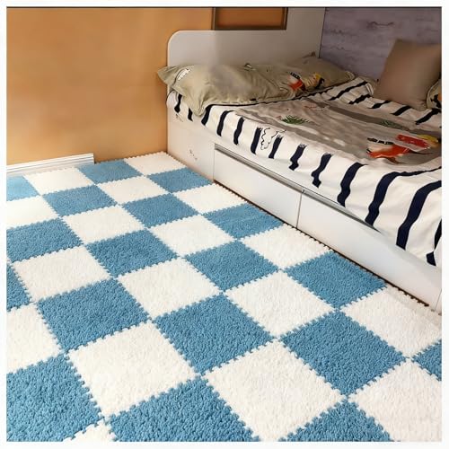 12 Pieces Thickened Plush Foam Interlocking Floor Mat,Fluffy Square Foam Tiles with 12 Edgings,Soft Anti-Slip Puzzle Area Rug Playmat for Bedroom,12X12inch,12 Tiles/11.6 Sq.Ft,Blue+White - color: Blue+white