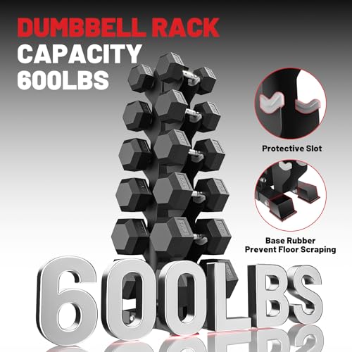 PAPABABE Hex Dumbbell Sets with Rack, 100-600lb Rubber Coated Dumbbell Weight Set and Storage Rack, Multiple Options Hand Weights for Strength Training