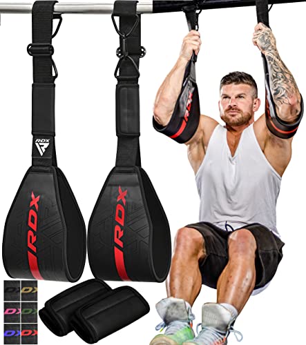 RDX AB Straps for Pull Up Bar Hanging (Pair), Maya Hide Leather, Abdominal Muscle Building Padded Arm Support Slings with D-Ring Strap, Leg Raise Exercise Fitness Workout Strength Training, Men Women - color: Black Red