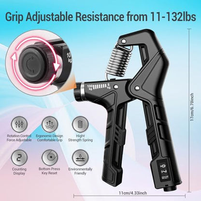 Hand Grip Strengthener - Adjustable Resistance 11-220Lbs Forearm Strength Trainer with Counting, Silicone Grip Ring & Hand Exercise for Quickly Increasing Wrist Forearm and Finger Strength Combo Set - color: Black Combo Set