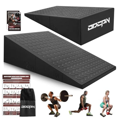 Squat Wedge Block, 2 Pcs Non-slip Heel Elevated Squat Wedge for Weightlifting Workout with Storage & Training Poster, Slant Board for Squats to Improve Squat Mobility Balance & Strength Performance