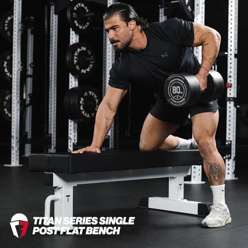 Titan Fitness TITAN Series Single Post Flat Bench, Rated 1,200 LB, 4" Thick HeftyGrip Vinyl Pad, Dedicated Home Gym Competition Weightlifting & Strength Training Utility Bench - color: White