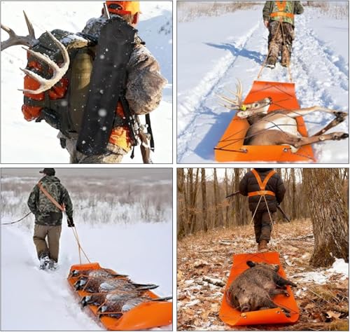 Deer Drag Sled Game Hauler, Orange Multi-Purpose Thickened Wear-Resistant Cargo Transport Sled with Ropes and Harness for Outdoor Hunting