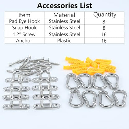 8Pcs 304 Stainless Steel 1.8 inch Pad Eye Hooks and 8Pcs 304 Stainless Steel Snap Hooks,Screw Ceiling Hook,Shade Sail Hardware,Outdoors String Lights Hangers with Screws Anchors - style: 1.8 Inches Pad Eye Hooks with Snap Hooks