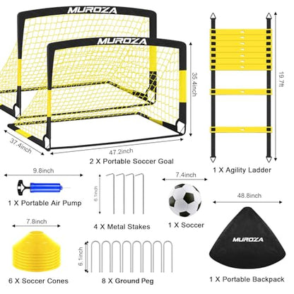 Kids Soccer Goals for Backyard Set, 2 Pack of 4x3 ft 6x4 ft Portable Pop Up Soccer Nets with Soccer Ball, Agility Ladder, Cones, Complete Training Equipment for Youth, Toddler Outdoor Sports Games